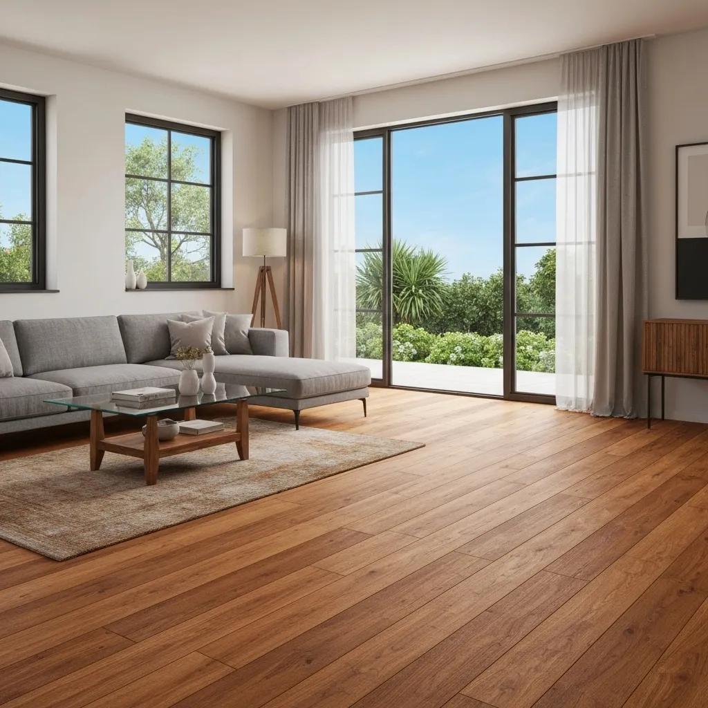 Elegant hardwood flooring in a stylish living room with natural light