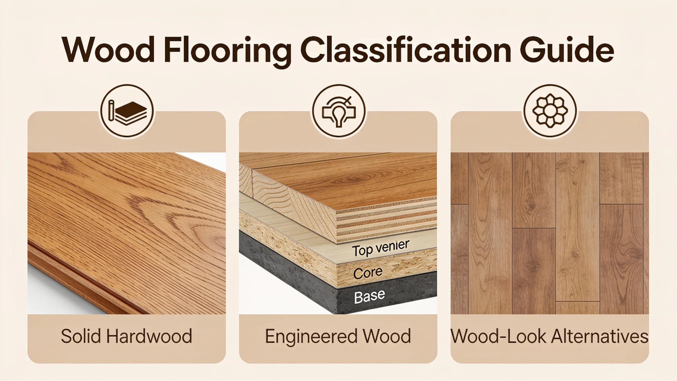Wood flooring is generally grouped into solid hardwood, engineered wood, and wood-look alternatives such as