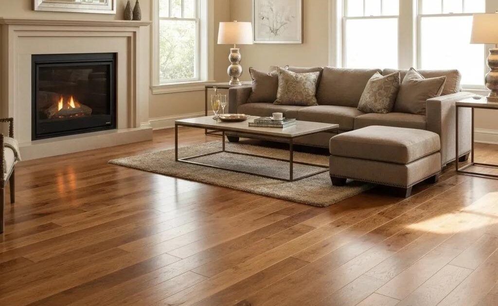 Elegant living room with rich oak hardwood flooring reflecting soft daylight