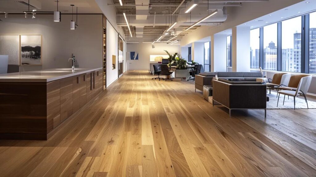 a contemporary, bustling office space showcases an elegant oak hardwood floor, featuring sleek furniture and strategically placed lighting, emphasizing the durability and aesthetic appeal of high-traffic wood choices in a professional environment.