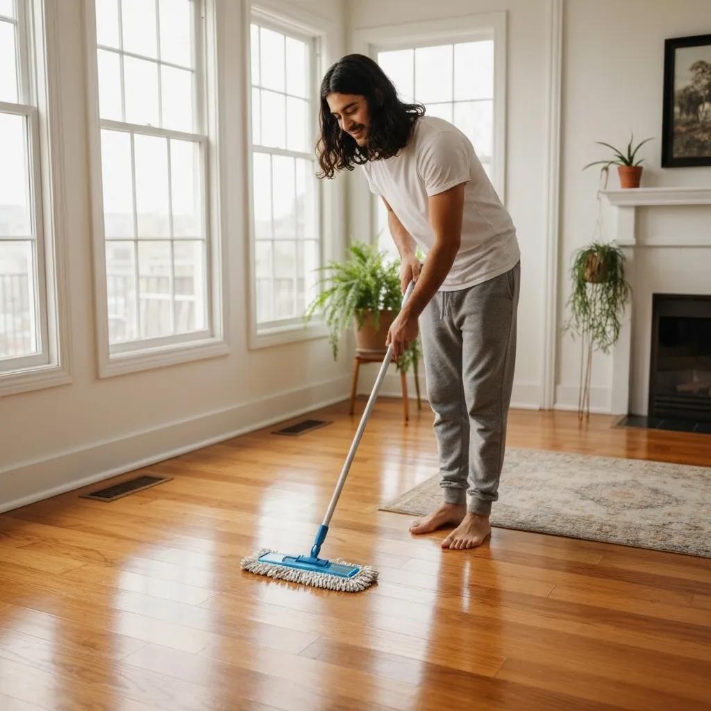 Person cleaning hardwood floors with a microfiber mop in a cozy, well-lit room