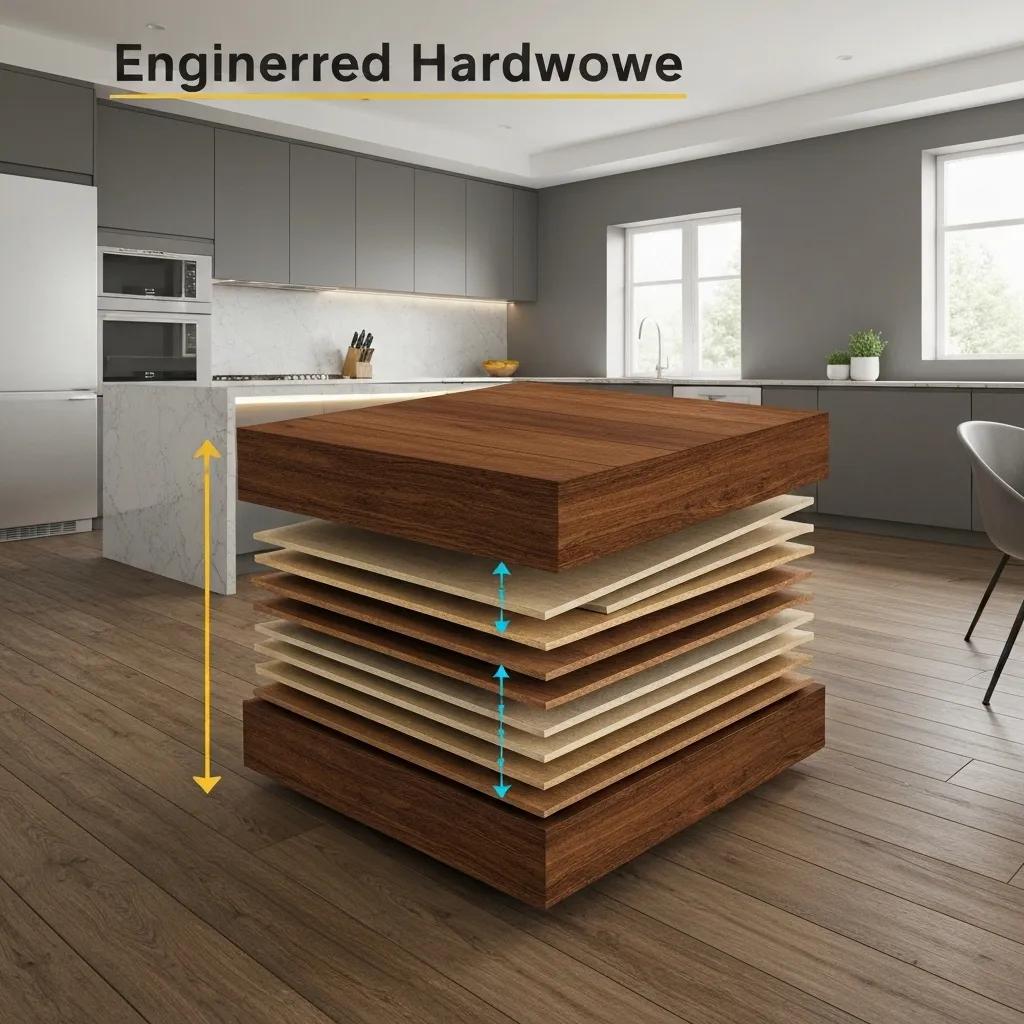 A detailed cross-section of engineered hardwood flooring, showcasing its multi-layered construction