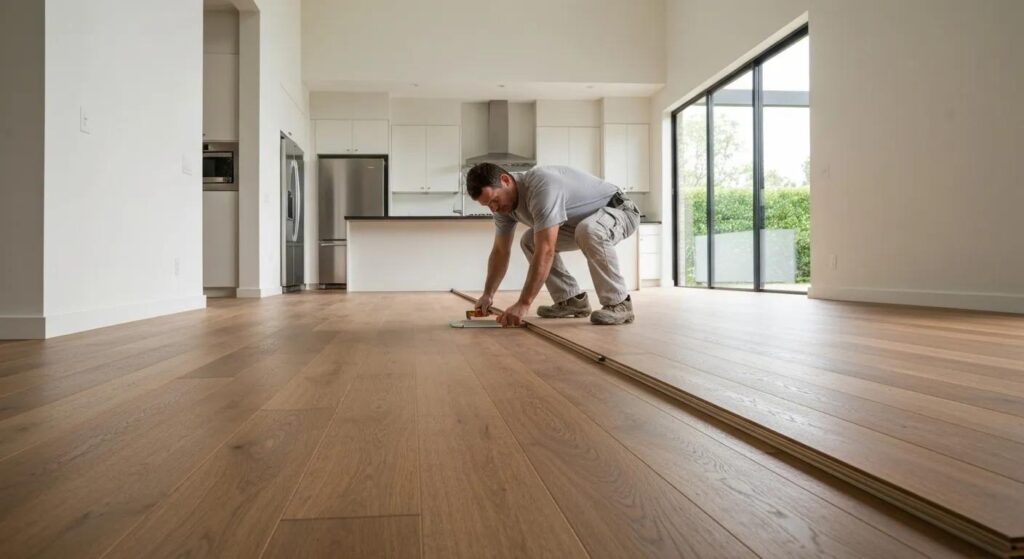 Professional installer meticulously laying engineered hardwood flooring in a contemporary home setting