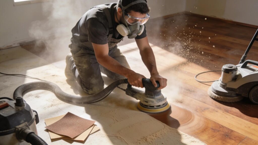 Skilled professional sanding a hardwood floor, showcasing the refinishing process and craftsmanship