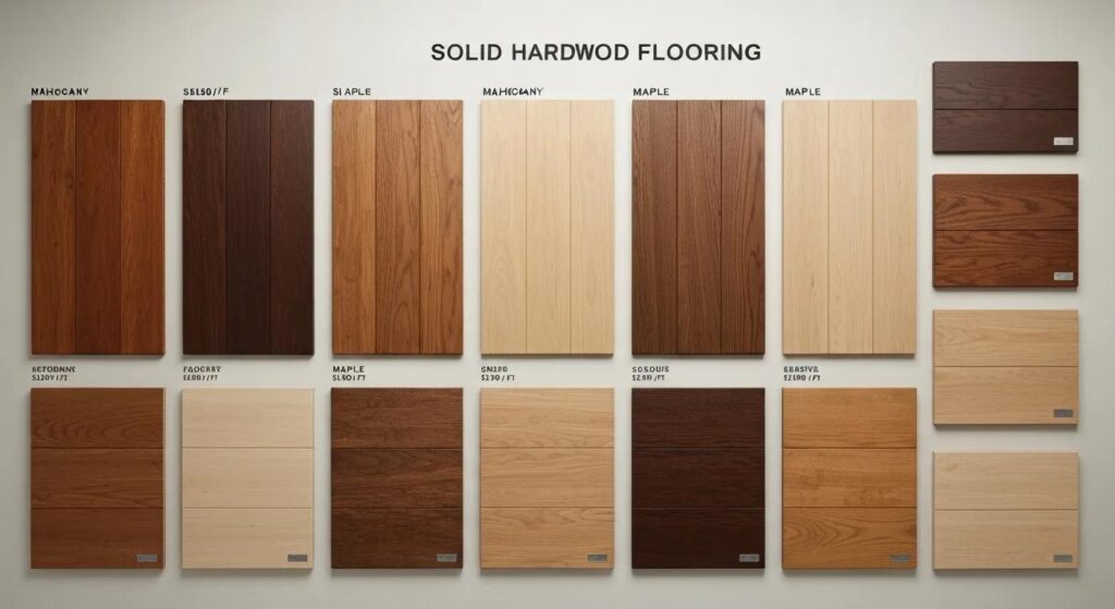Display of solid hardwood flooring samples showcasing various wood species and textures for material cost comparison