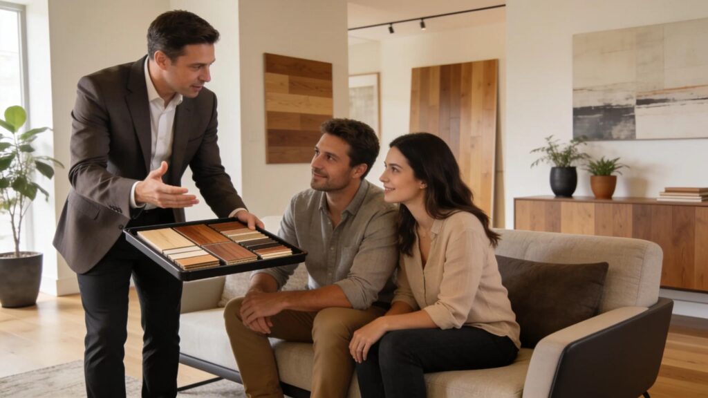 Professional hardwood flooring expert consulting with homeowners and showcasing hardwood samples in a stylish interior