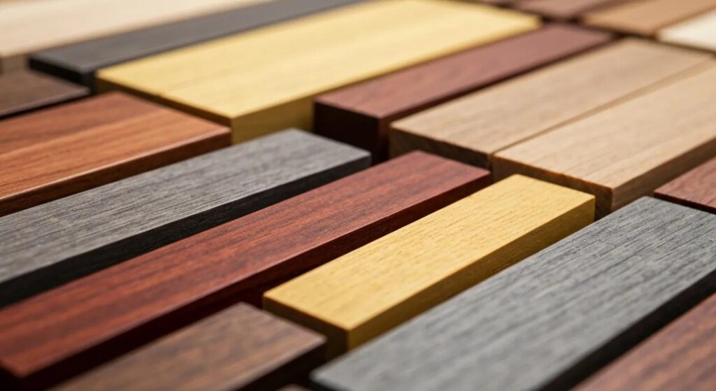 Close-up of hardwood samples showcasing different textures and finishes