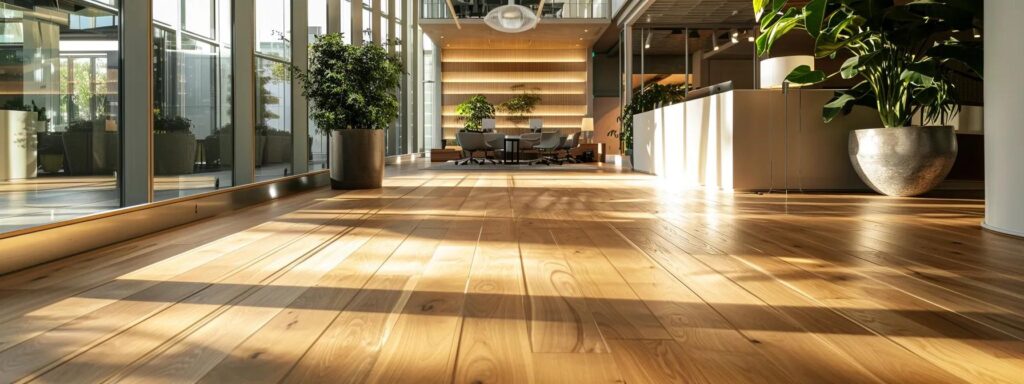 a modern, well-lit office space showcases three distinct hardwood flooring installation methods, with a nail-down section highlighted, adjacent to a glue-down area, and a floating installation completed, all emphasizing the varying textures and finishes of the wood.