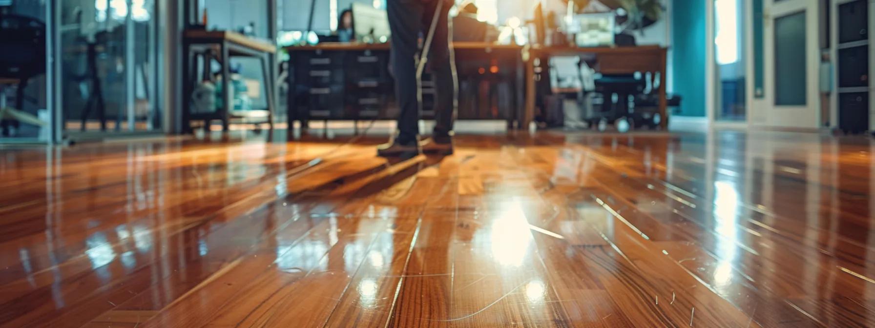a polished hardwood floor glistens under warm office lighting, showcasing a focused technician evaluating a deep scratch while surrounded by cleaning tools and bright spotlights to emphasize the imperfections in the wood.