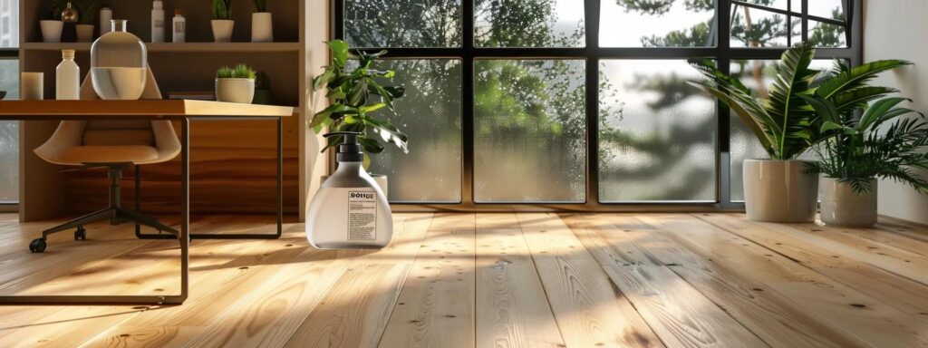 a sleek, modern office setting features a polished hardwood floor, highlighted by a stylish bottle of eco-friendly hardwood floor cleaner surrounded by ph-neutral ingredients and plant-based surfactants on a minimalist desk, conveying a message of effective, safe cleaning solutions.