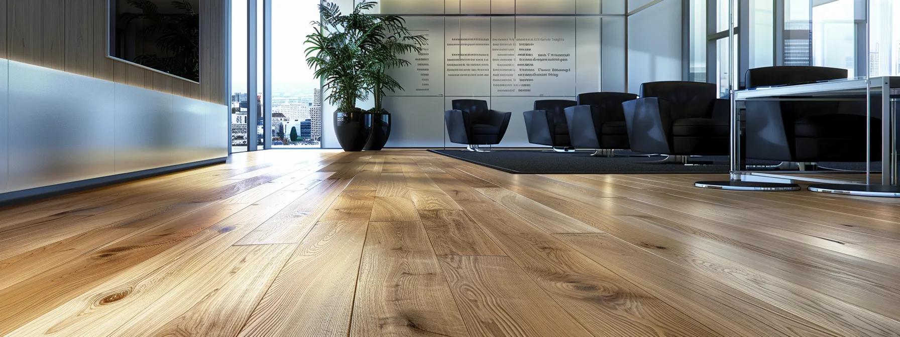 a sleek, modern office space showcases a polished hardwood floor, emphasizing its rich texture and elegant finish, while a stylish comparison chart of flooring types is displayed prominently on a large screen in the background.