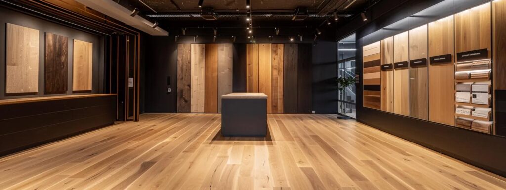 a sleek, contemporary office showroom showcases a polished hardwood floor featuring an array of distinct samples of oak, maple, cherry, walnut, and hickory, each highlighting unique textures and colors under warm, focused lighting.