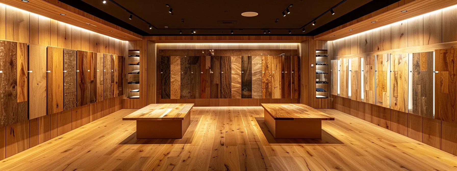 a sleek, modern showroom displays an array of polished hardwood flooring samples arranged artfully on elegant pedestals, illuminated by focused spotlights that highlight the rich textures and hues of each wood type.