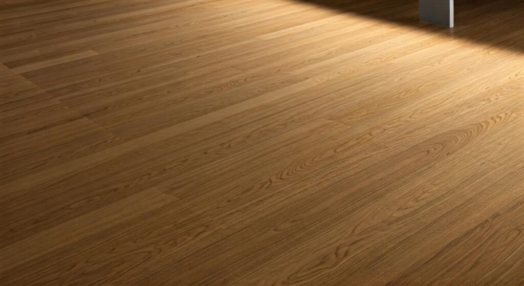 a sleek, modern office interior showcasing a polished hardwood floor made of hickory and white oak, illuminated by bright overhead lighting, emphasizing the durability and elegance of these high-traffic flooring options.