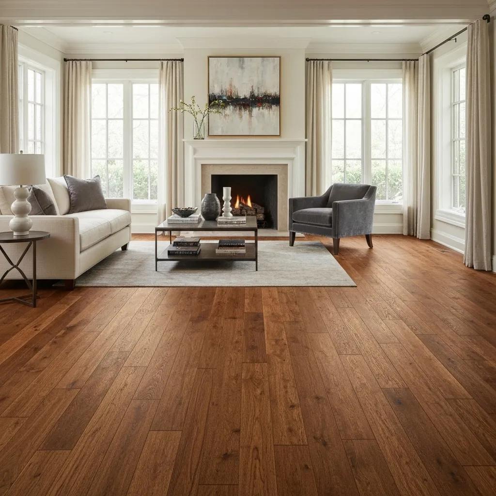 Elegant hardwood flooring in a stylish living room with natural light