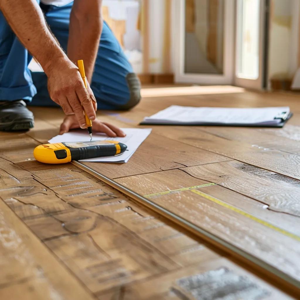 Contractor evaluating hardwood floor condition with tools