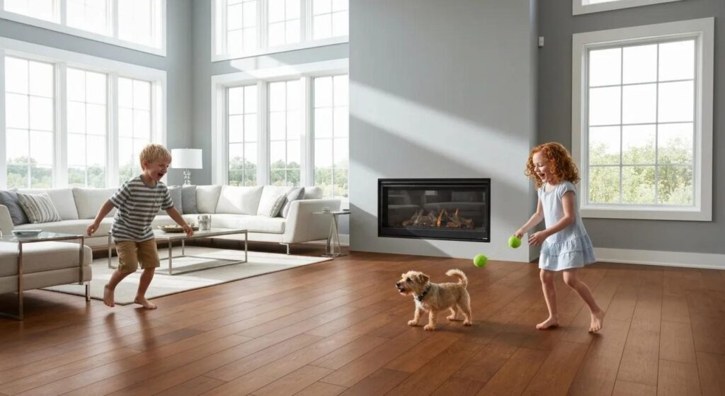 Family living space with children and a pet on durable hardwood flooring