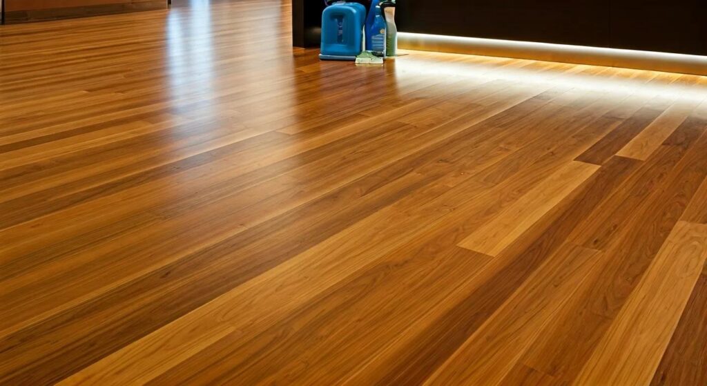 a polished hardwood floor in a modern office reception area, showcasing its shine and durability under soft artificial lighting, with subtle signs of regular maintenance like a cleaning kit nearby and a freshly refinished corner highlighted.