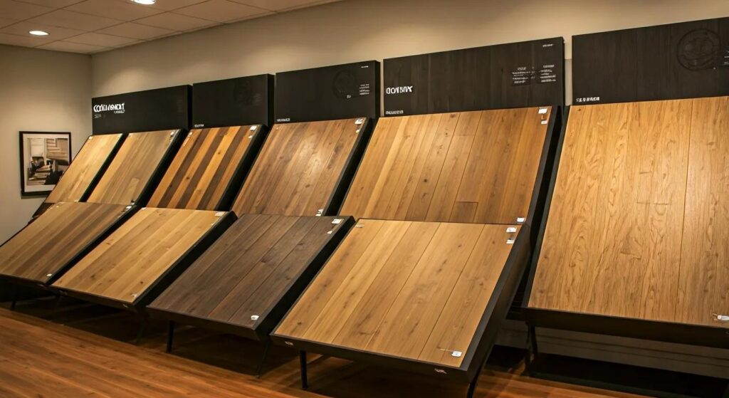 a sleek, modern showcase displays various hardwood flooring samples in an elegant office setting, emphasizing tailored solutions for high-traffic areas with a focus on durability and style.