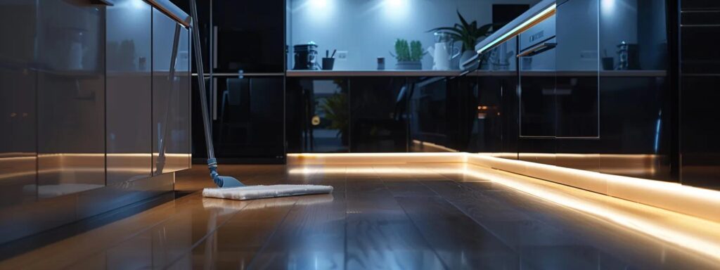 a sleek, modern kitchen features polished hardwood floors being cleaned with a high-tech microfiber mop, illuminated by bright led lights, showcasing the efficient and careful removal of dust and debris in a tidy, inviting environment.