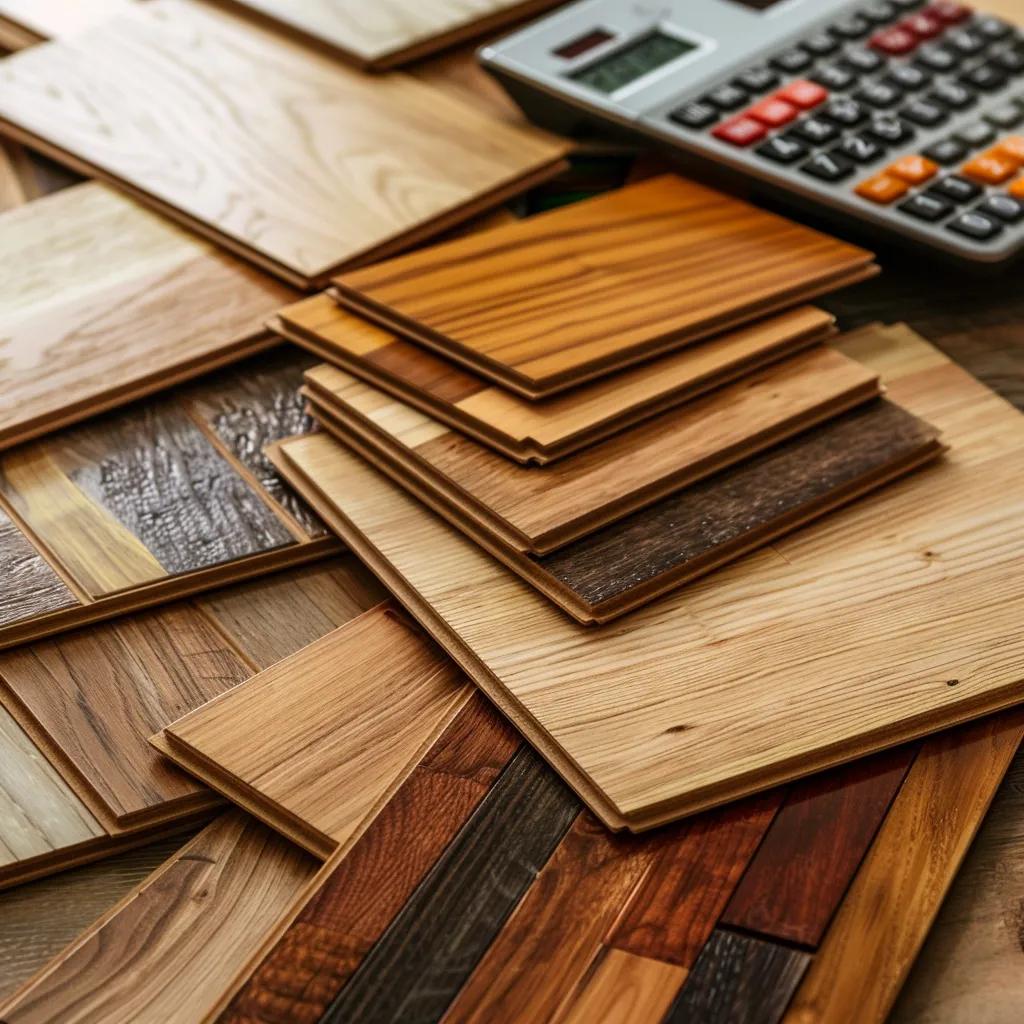 Various hardwood floor samples and tools for cost evaluation