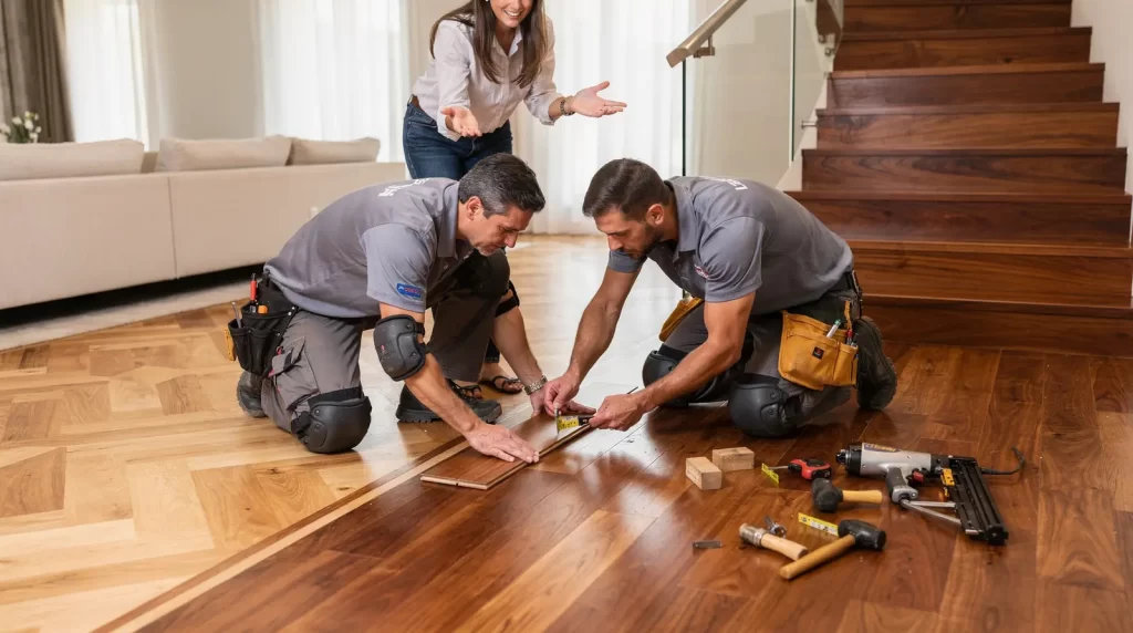Beyond standard plank layouts, homeowners can choose stair systems, parquet layouts, and exotic wood species