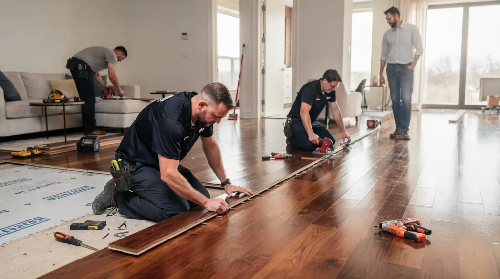 Professional installation includes demolition and subfloor prep, vapor barrier installation, properly spaced fasteners