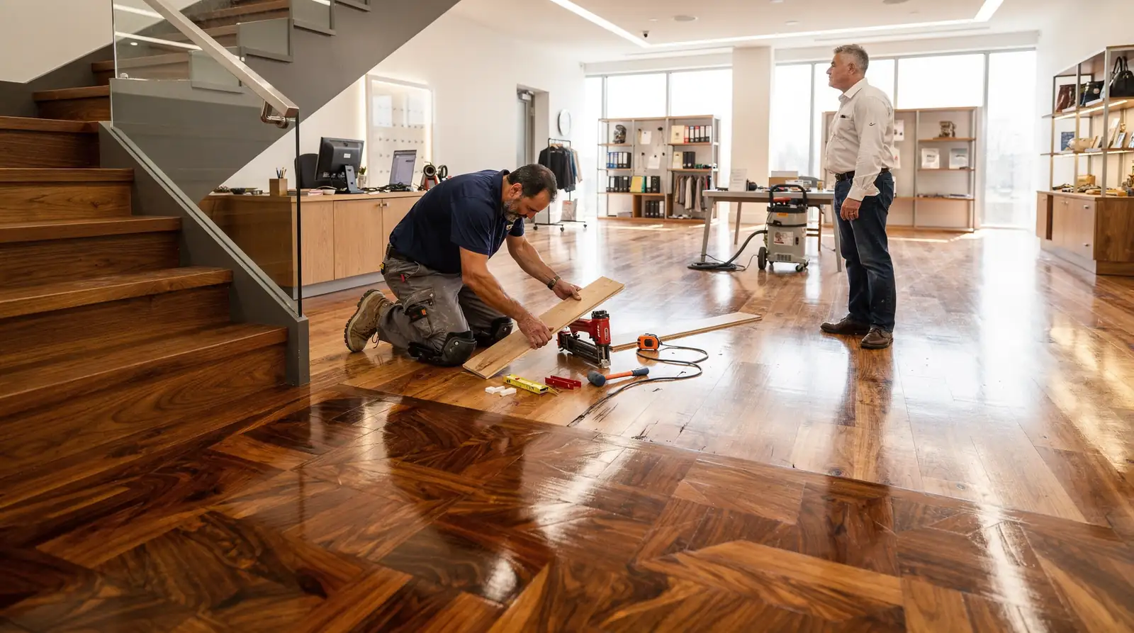 Projects range from single-room updates to whole-space installations, stair systems, parquet layouts, exotic woods